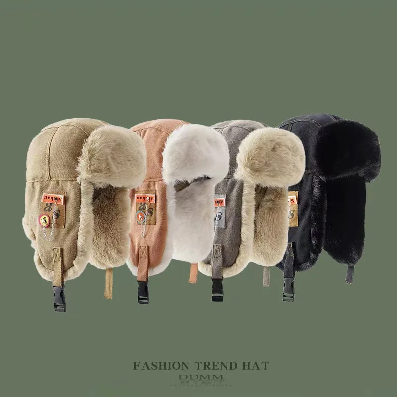 Winter Outdoor Men Russian Pilot Hat Women's Fashion Bomber Hat with Labeling Letter Cotton Faux Fur Soft Warm Trapper