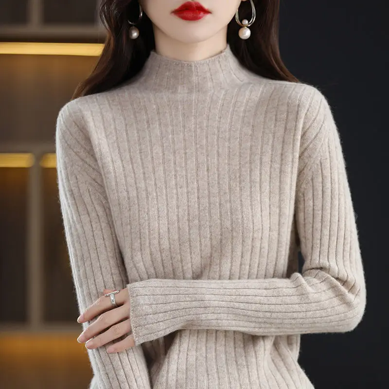 Autumn and Winter Women's Pullover Half High Neck Solid Screw Thread Long Sleeve Sweater Knitted Underlay Fashion Casual Tops