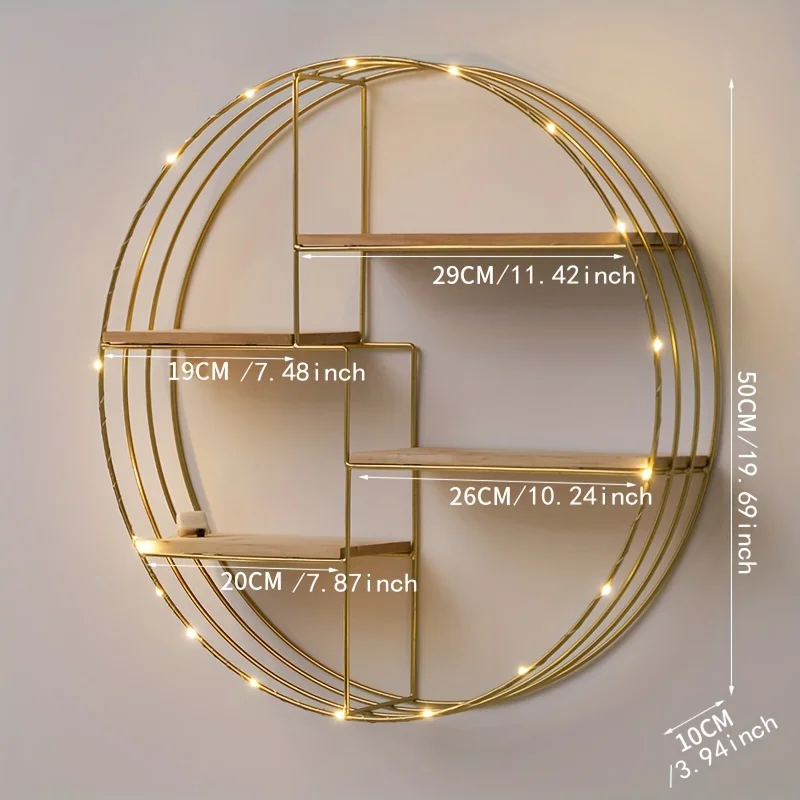 

Golden, Black, Four-layer Multi-functional Storage Shelf, Round Wall-mounted Floating Shelf - Iron and Wood Combination,