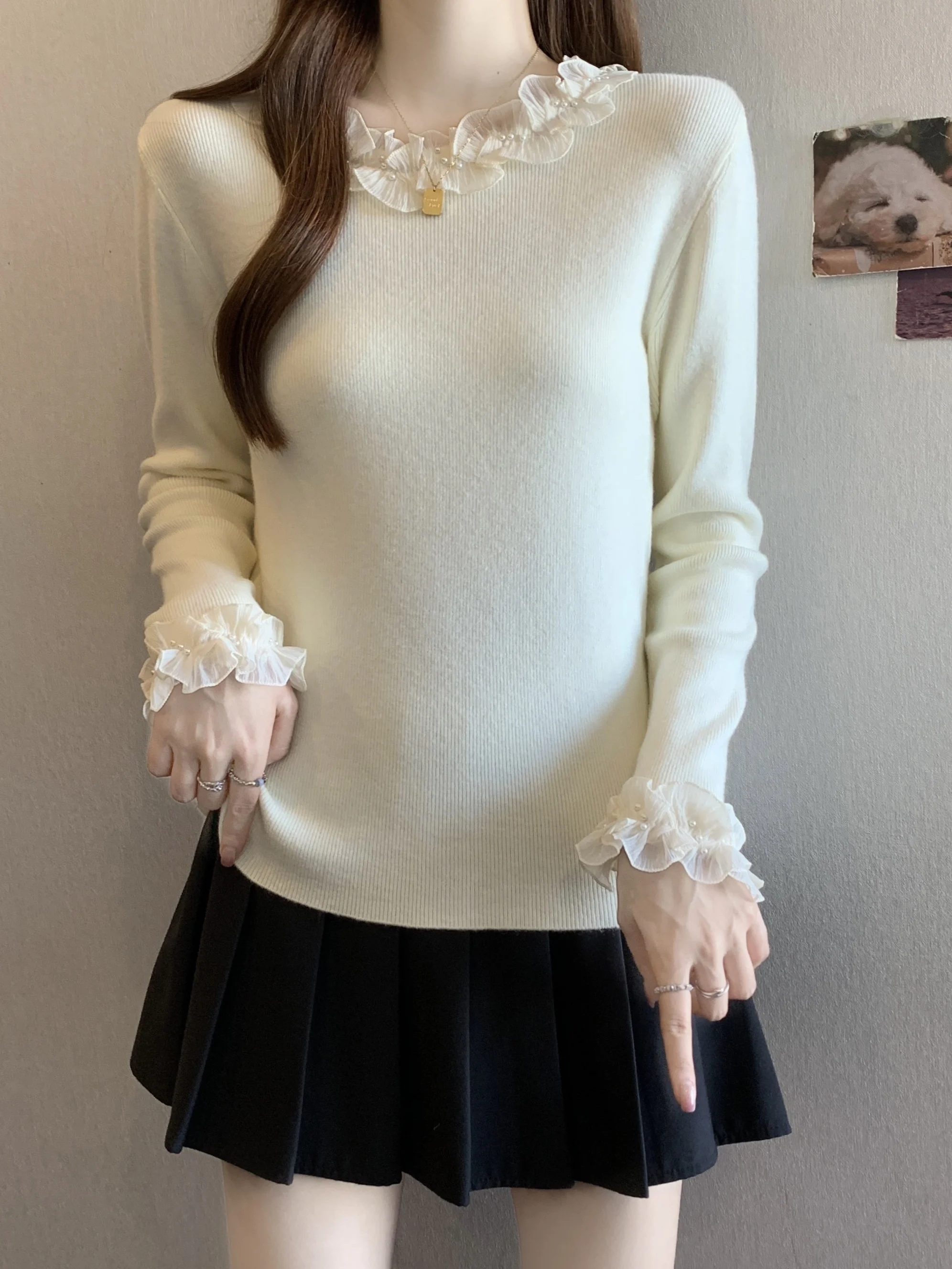 

Женская трикотажная кофта больших размеров с кружевной отделкой и бисером, круглый вырез, французский стиль, приталенный крой, высокая талия, для повседневной носки