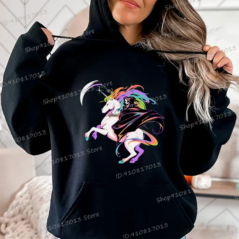 The Grim Reaper Rides on A Unicorn Horse Print Hoodies Women Fashion Anime Graphic Hooded Casual Harajuku Ladies Sweatshirts