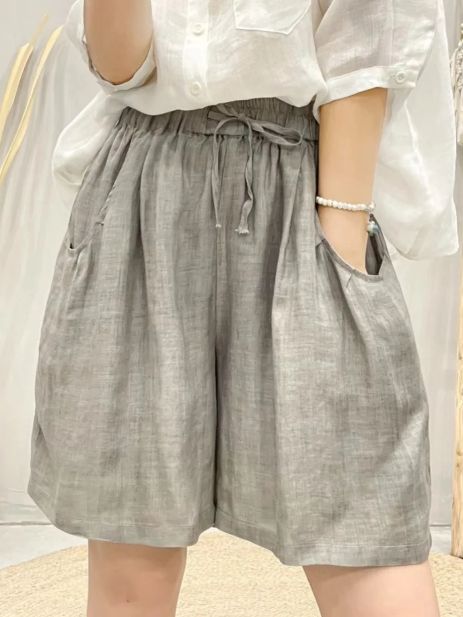 カジュアルな綿麻素材のオルトパンツ、ゆったりとしたハイウエスト、ストレートレッグ、薄手、ベルト付き、レディースプラスサイズ、夏のレジャーパンツ