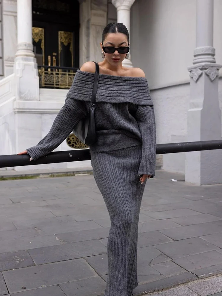 

Winter Knitted Two Piece Set for Women Elegant Off Shoulder Sweater Pullover Top Slim Skirt Suit Fashion Office Ladies Outfits