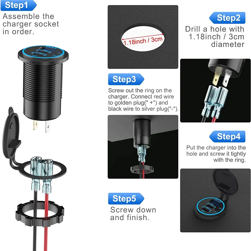 Dual PD USB-C Car USB Port Socket With Power Switch Black For Car Boat RV Marine ATV