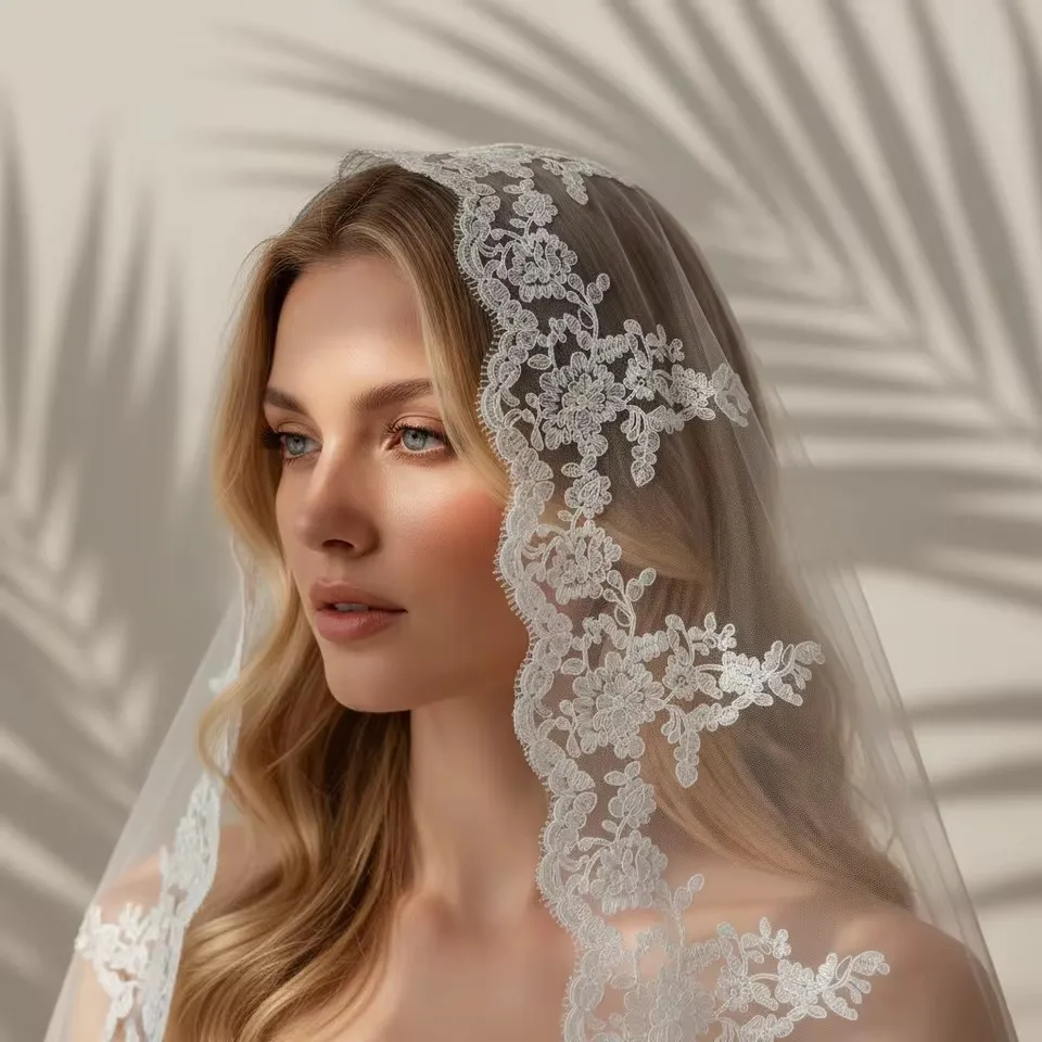Mantilla Full Lace Veil Long Wedding Bridal Veils Appiques Edge 1 T Tulle Cathedral Veil with Hidden Comb Velo De Novia Voile