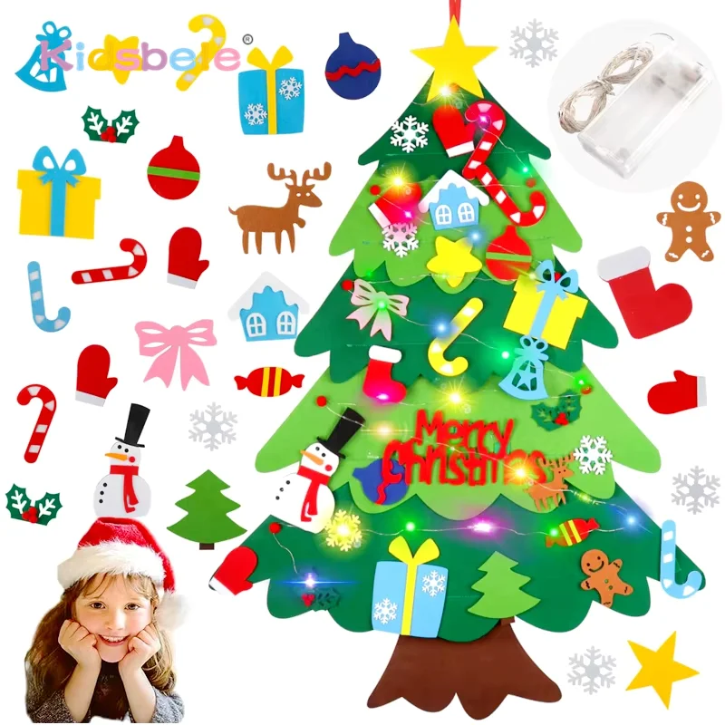 Kids DIY Craft Felt Christmas Tree With Light Detachable Ornaments Handmade Hanging Puzzle Holidays Decoration Christmas Gift