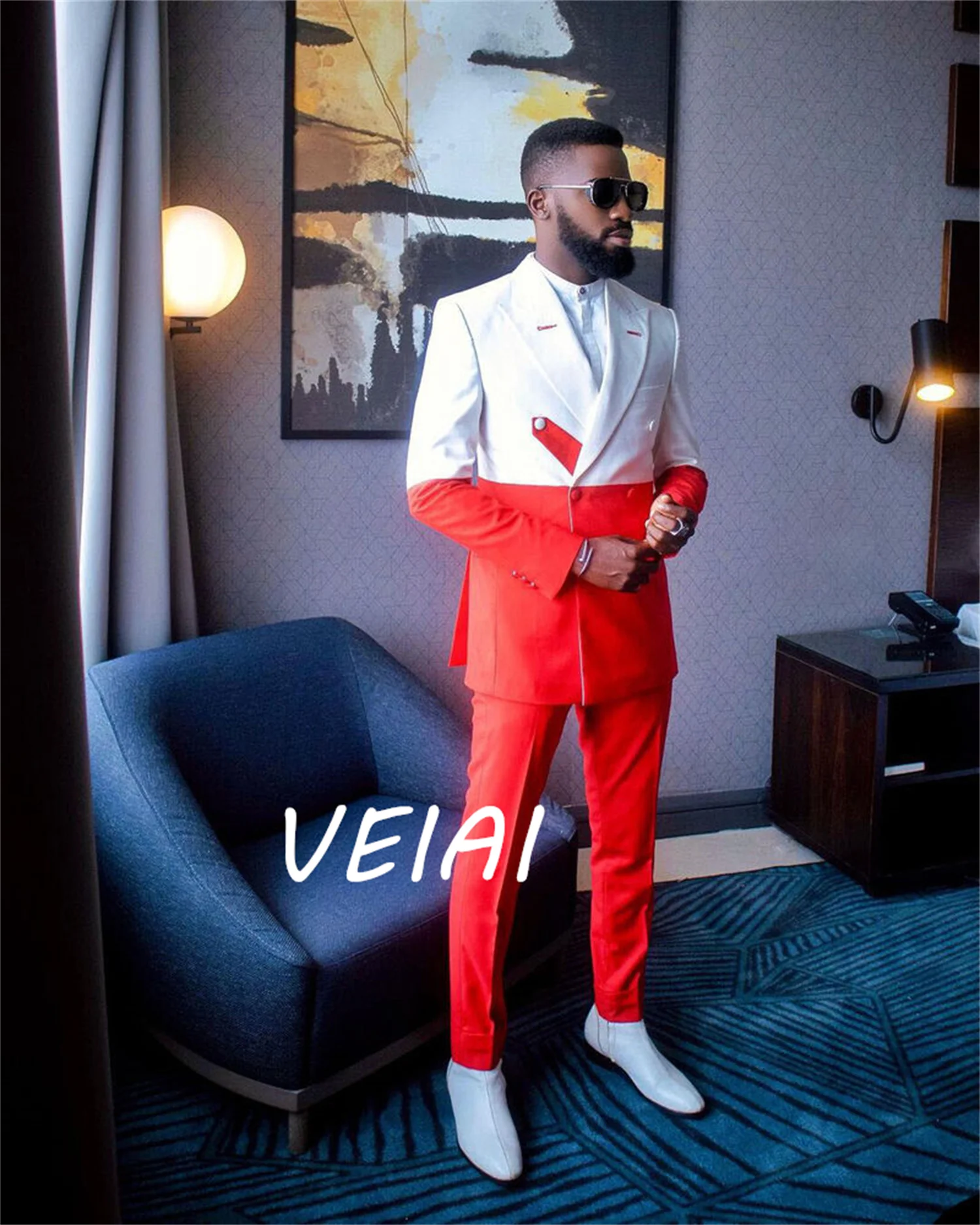 

Customized New Men's Suits 2 Pieces White Red Splicing Slim Fit Groom Wedding Formal Party Wear