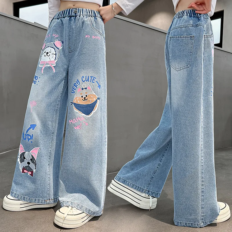 2024 Cartoon Mode Muster Jeans für Mädchen lose gerade Jeans hose schönen Druck Kinder Frühling Herbst Korea Stil lange Hose