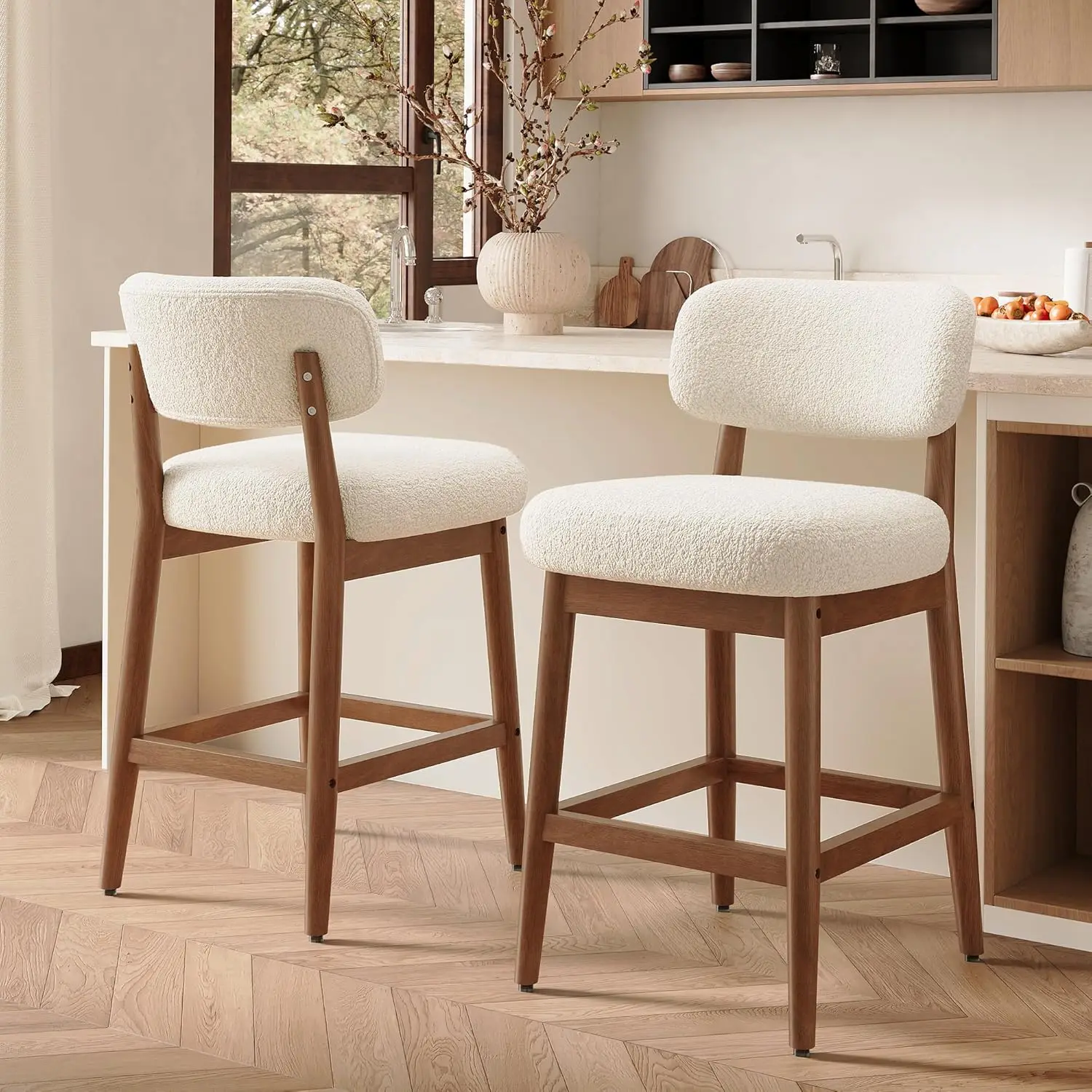 

Mid-Century Modern Bar Stools Set of 2, White Upholstered with Wood Frame, Backrest for Kitchen Island, Home Bar