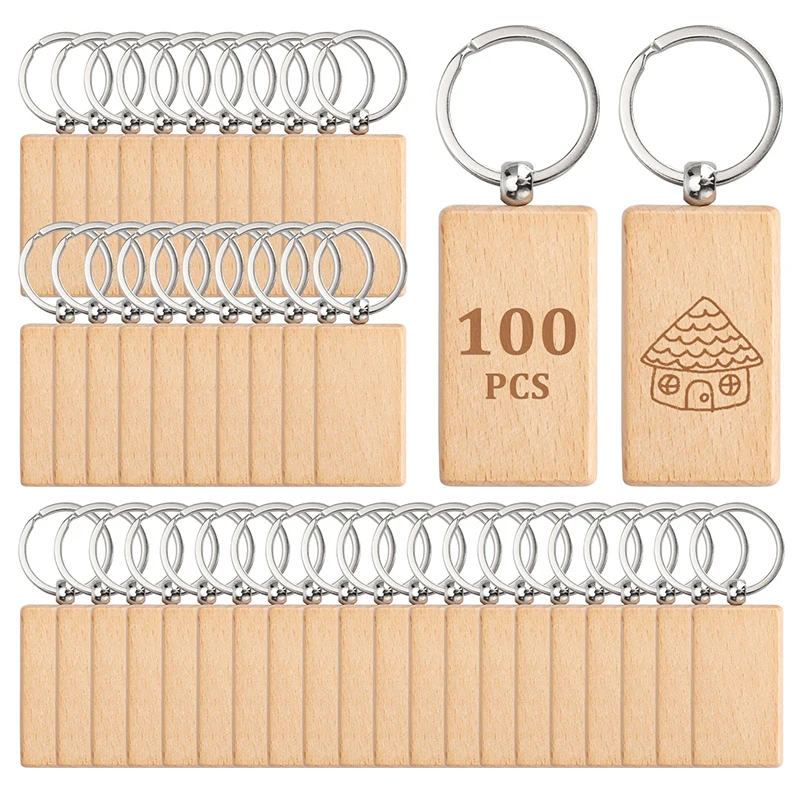 100Pcs Wood Key Chains Beech Wood Timber Keychain Wooden Key Chains DIY Handmade Crafts Blank Wood Keyrings