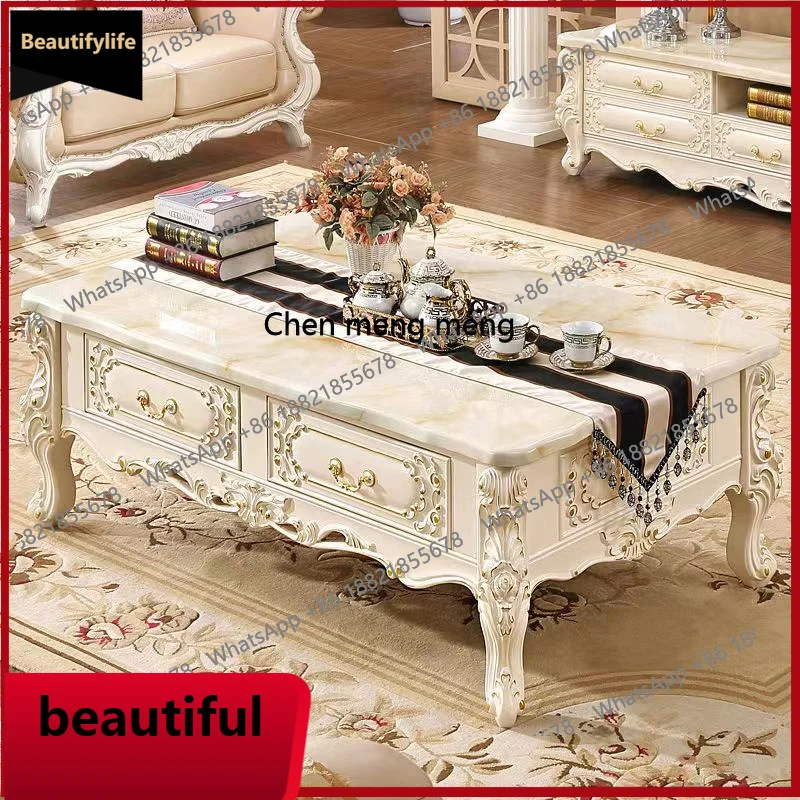 A114 All solid wood carved marble living room high-end tea table ivory TV cabinet combination