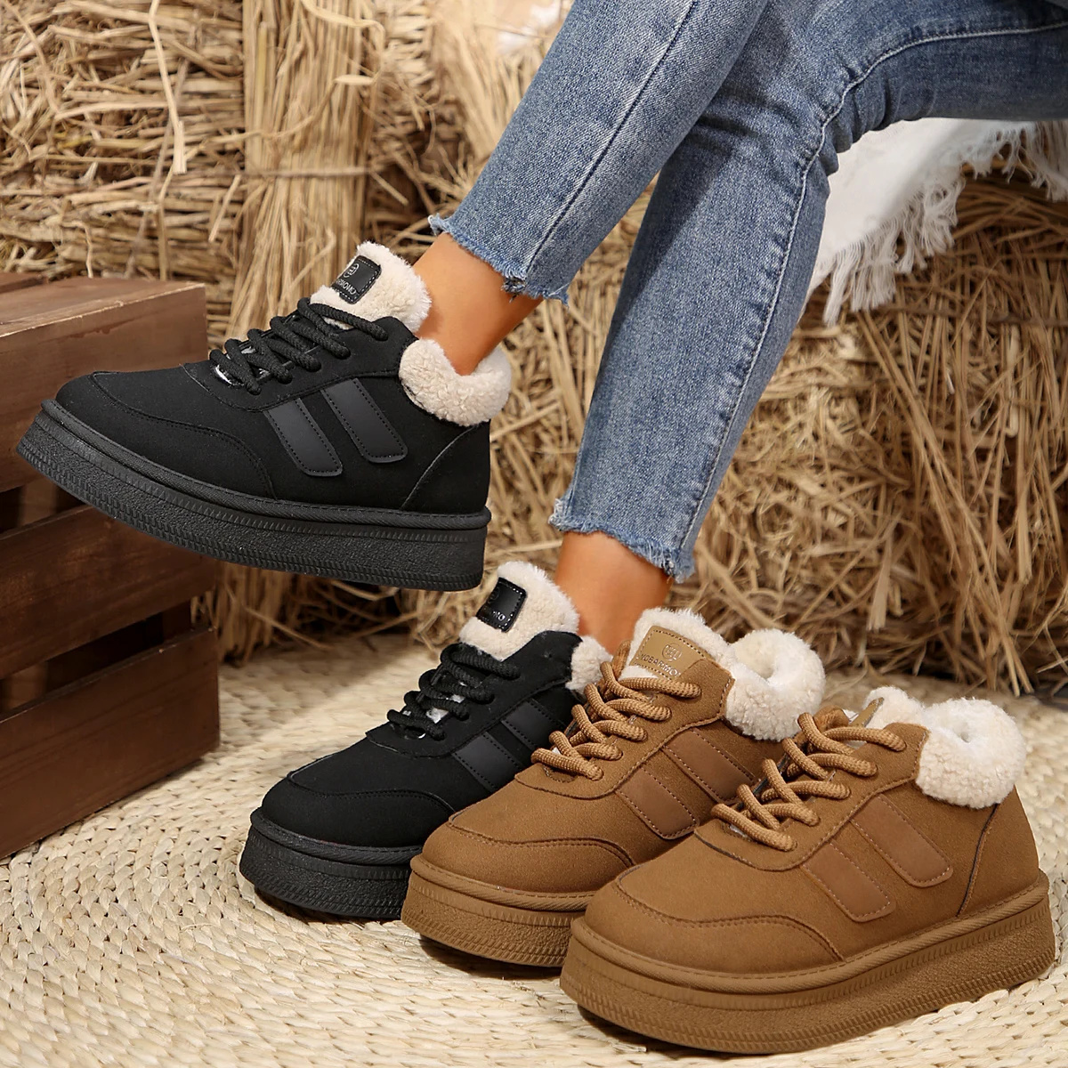 Platform Thickened Fluff Sneakers Women 2024 New Casual Warm Shoes Winter Fashion Plus Fur Warm Sneakers Women Zapatos De Mujer