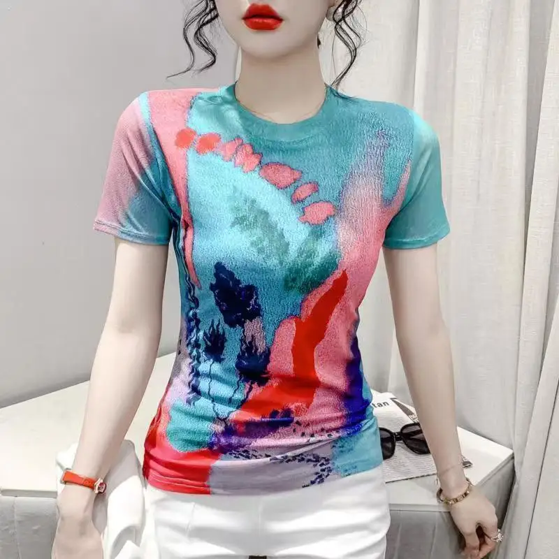 

Summer 2024 New Fashion Commute Spliced Gauze Tie Dye Printed Slim Short Sleeve Crew Neck T-Shirts Casual Women's Clothing Tops