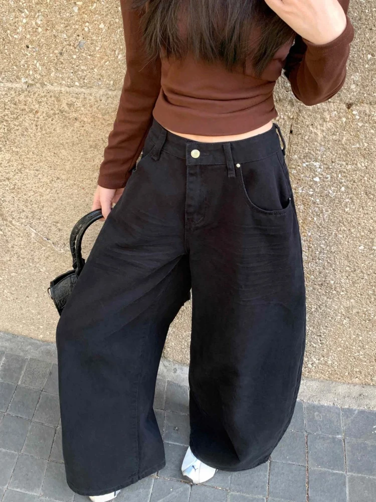 2025 Ropa Y2K Streetwear Black Pleated Casual Baggy Women's Jeans Pants For Woman Clothing Wide Leg Cotton Loose Long Trousers