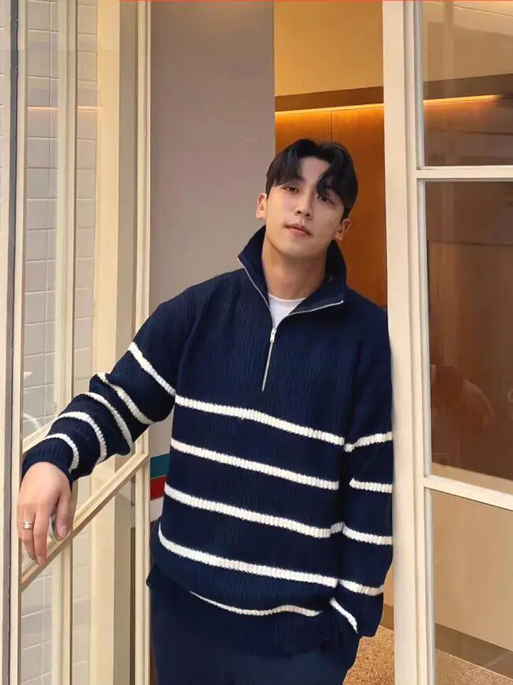 

American Sle f Zipper Stand Collar Knitted Sweater Men Stripe Slim Long Sve Hoodie High Collar Overhead Woolen Outerwear