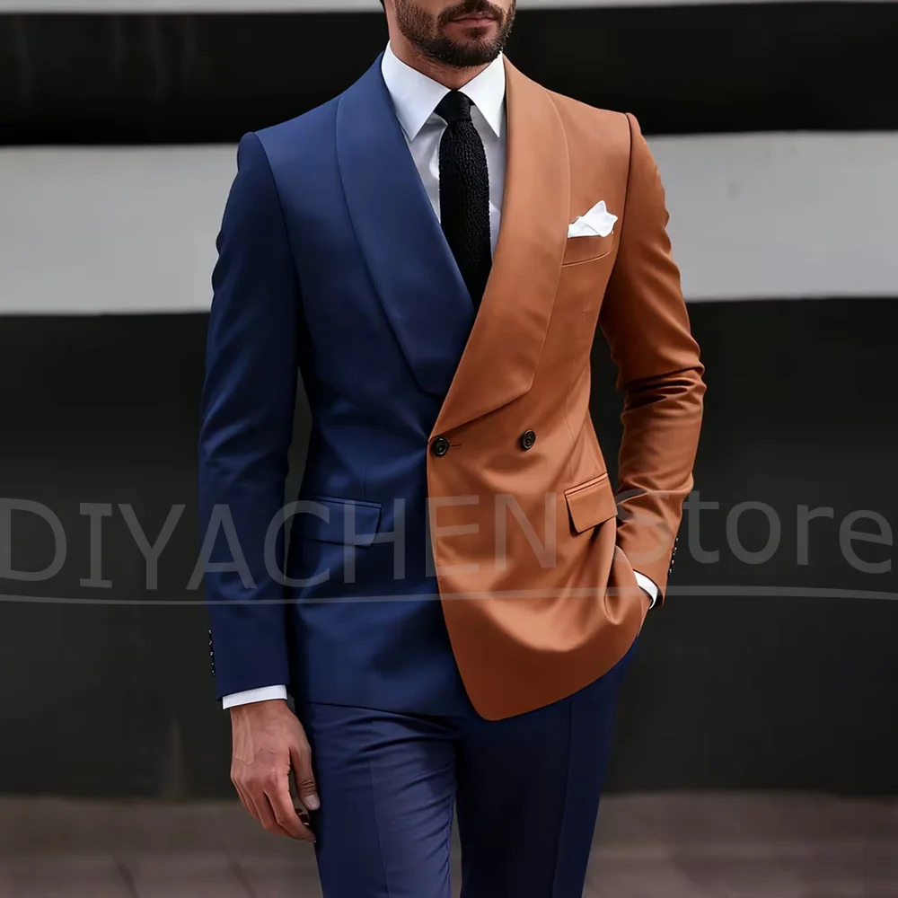 

Two Tone Blue Brown Men Suit 2 Piece Double Breasted Shawl Lapel Tuxedo Slim Formal Wedding Groom Blazer Pants For Prom Party