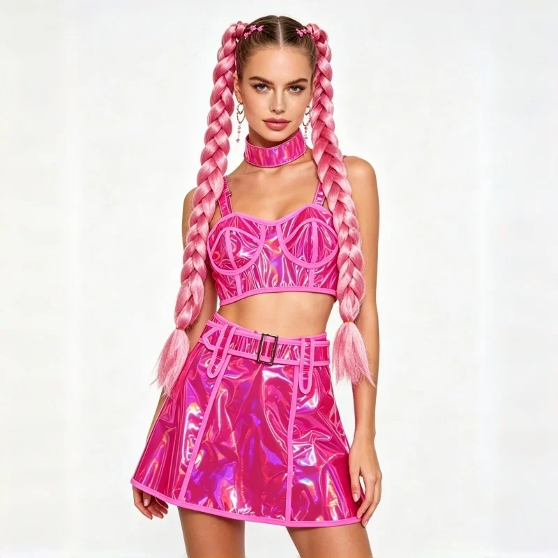

Women Fluorescent Pink Laser Cut Dance Costume with Skirt And Braid Wig Bar Nightclub Festival Party Performance Stage Show ﻿