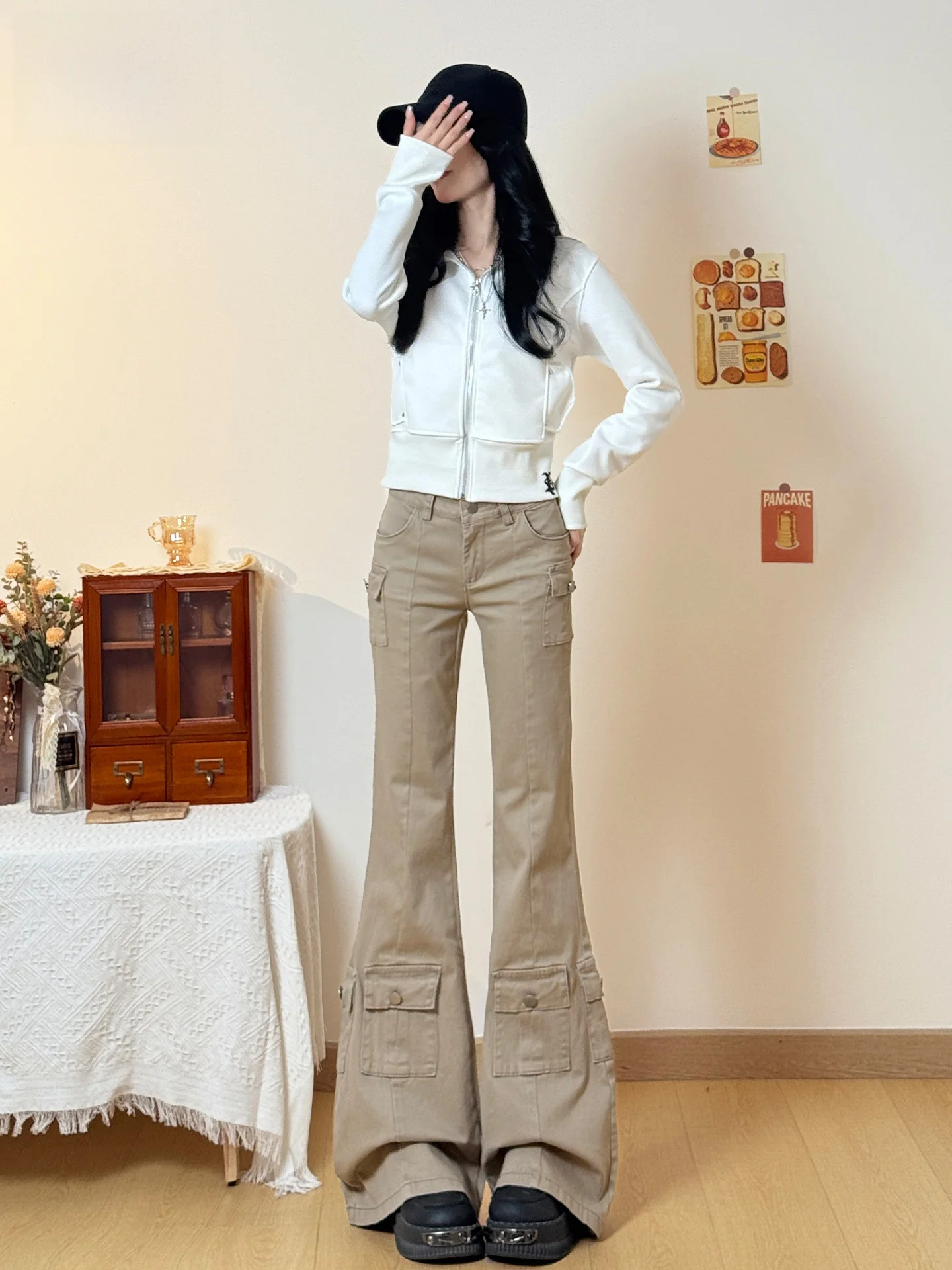 

Джинсы женские в американском ретро-стиле с множеством карманов, повседневные свободные рабочие брюки, расклешенные джинсы с высокой талией, свободный крой