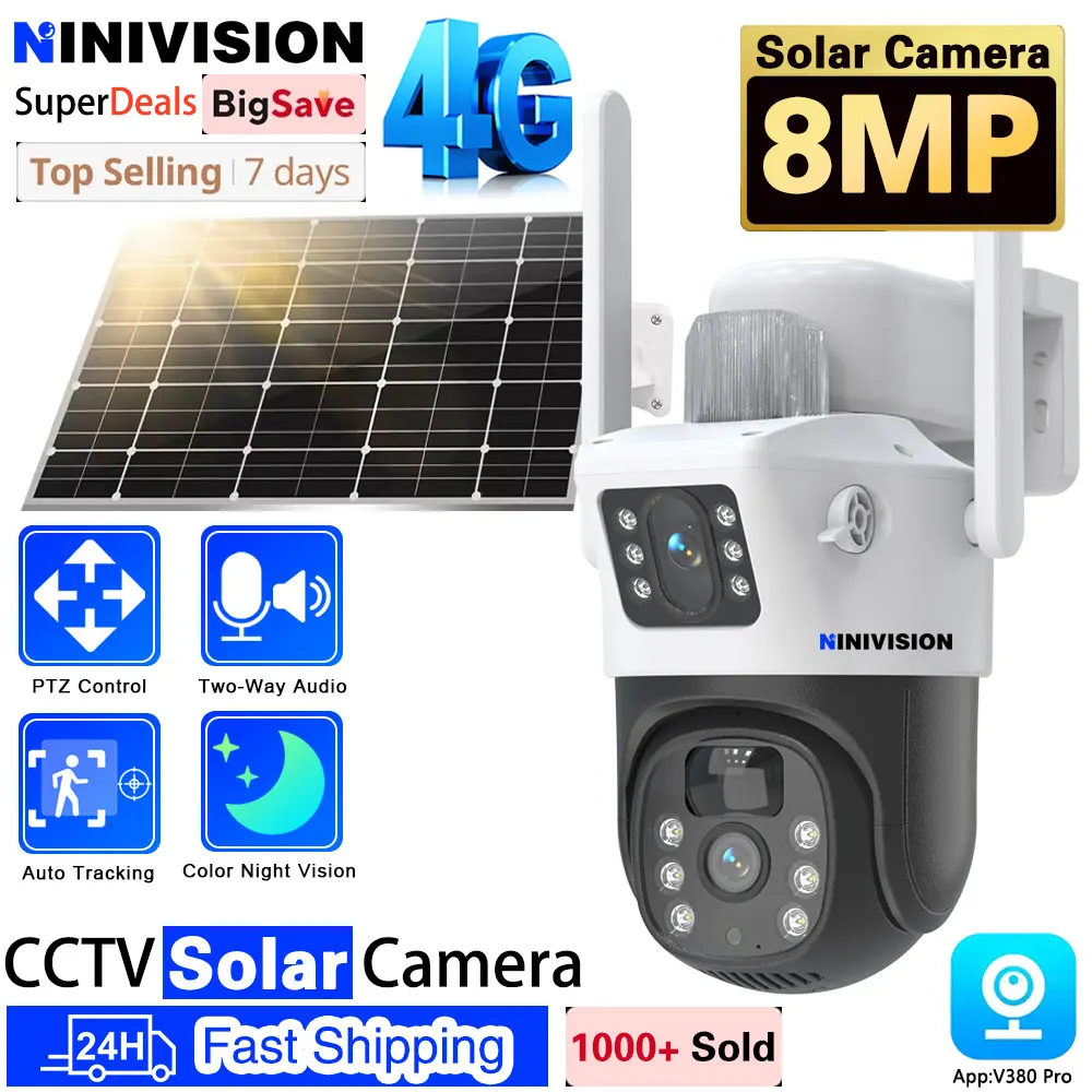 Cámara Solar 4K de 8MP para exteriores, dispositivo con Sim 4G, lente Dual, pantalla Dual IP, Panel Solar de seguridad CCTV, batería integrada, cámara PIR V380