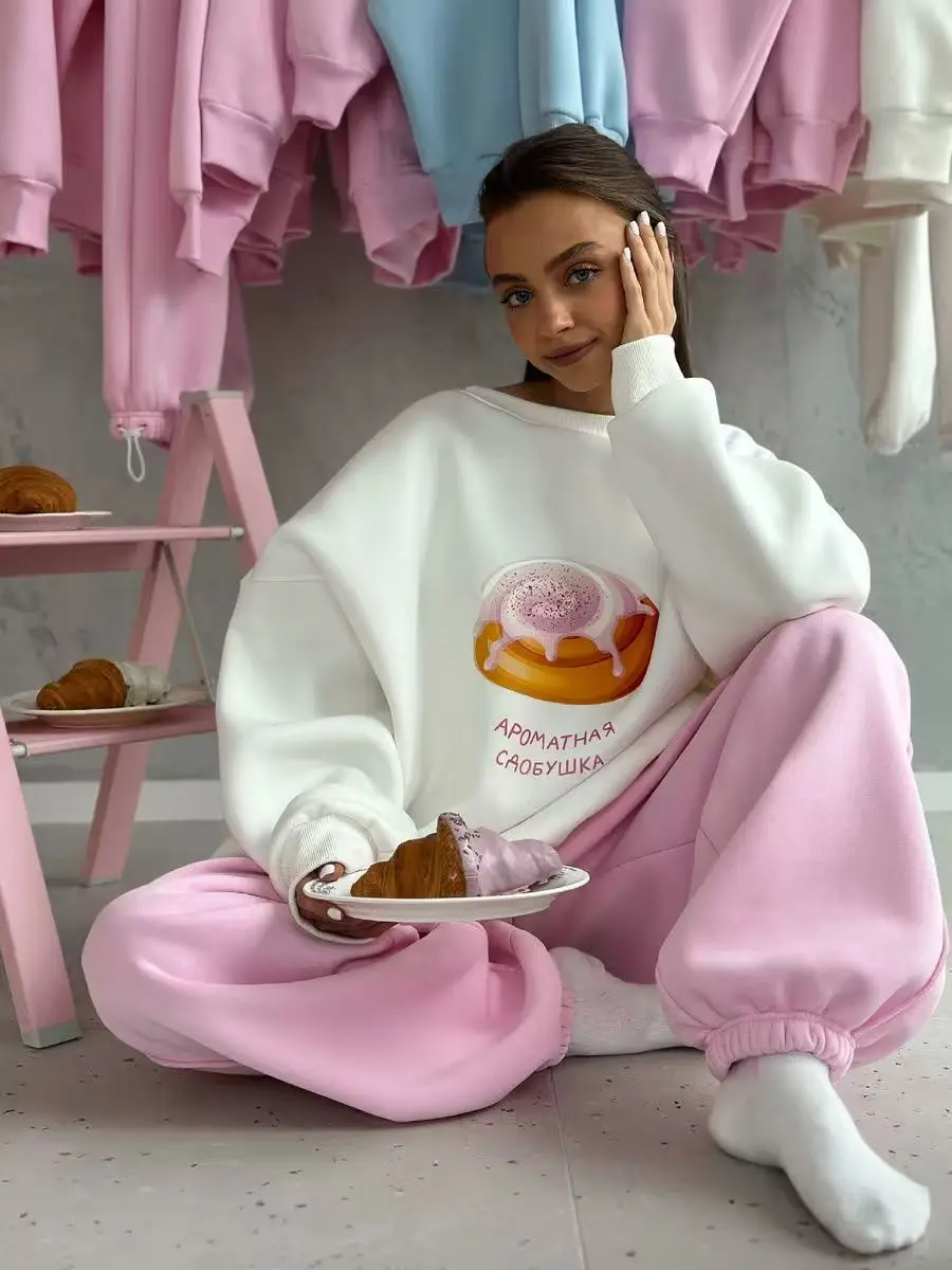 

Забавный торт с принтом, белый свитшот с русскими буквами, свободные шикарные женские толстовки с круглым вырезом, повседневные осенние женские пуловеры