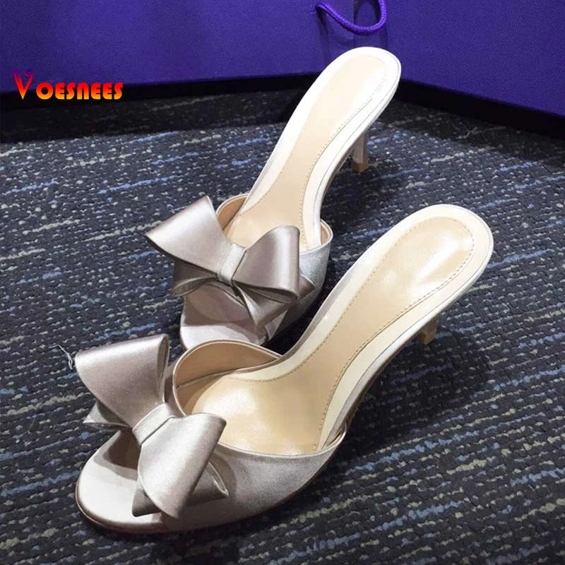 Sweet Mule Women Slippe Silk Butterfly Knot Mules Slip-on Kitten Heels Slippers Satin Dress Causal Outdoor Sandals Shoes femme
