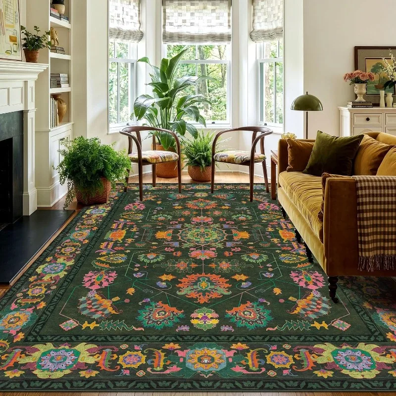 Vintage Persian Ethnic Style Large Rug Bohemian Colorful Pattern Carpet for Living Room Non-Slip Machine Washable Home Floor Mat