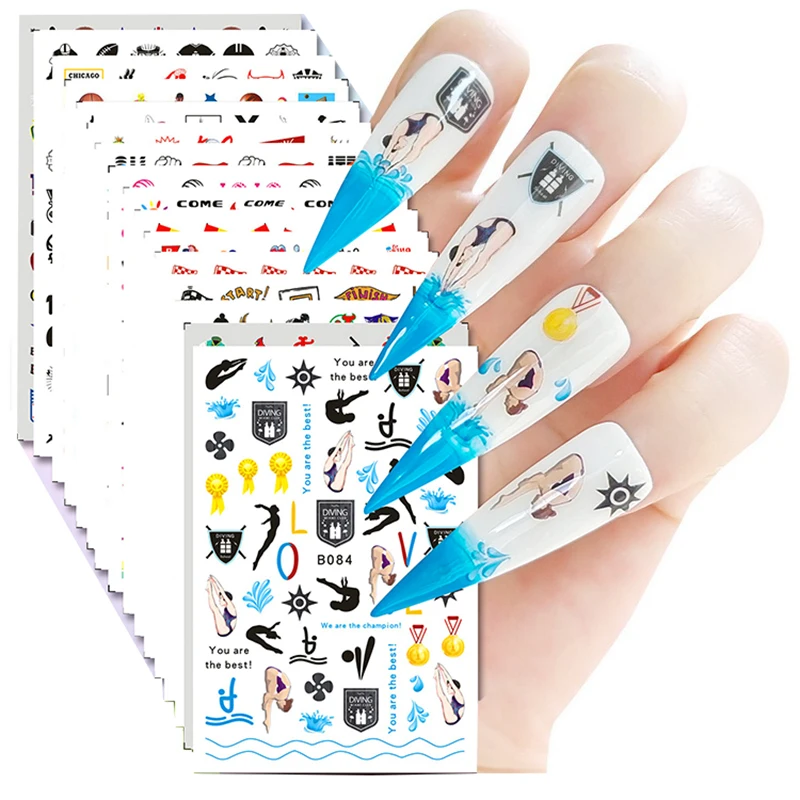 16 Sheets Pop Various Ball Sport Diving Bowling Elements Adhesive Nail Art Sticker Decals Manicure Accessories Tips