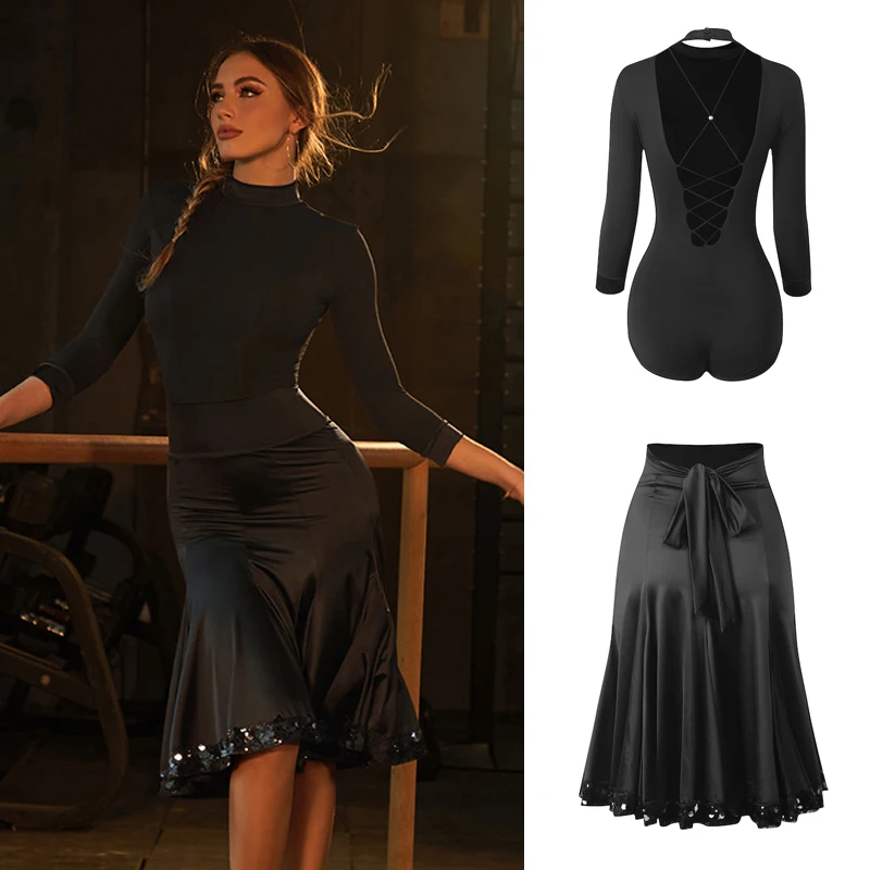 

Sexy Beautiful Back Latin Dance Bodysuit Sequins Skirt Women Latin Dance Costume Adults Rumba Ballroom Dance Clothes SL14428