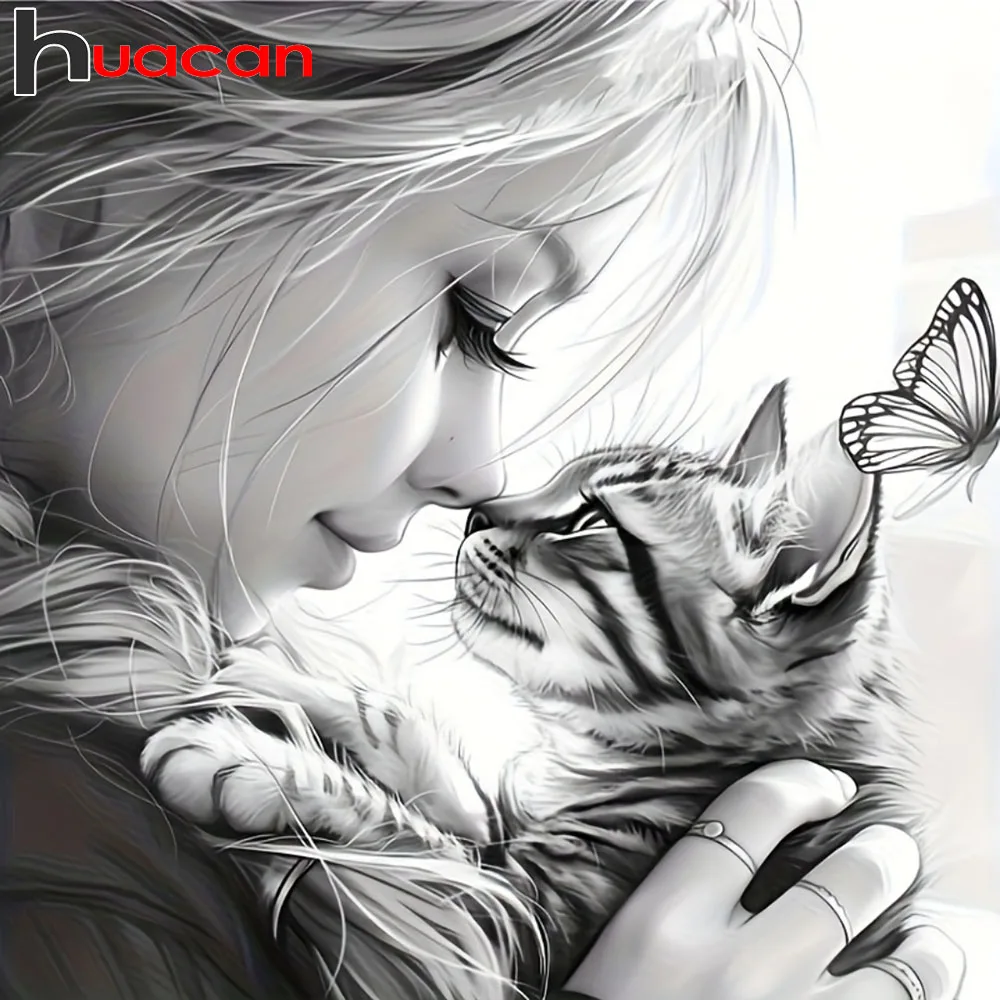 Huacan 5D DIY Diamantmalerei Dame Katze Tier Katze Diamantstickerei Tierporträt Kunst Dekoration Geschenk