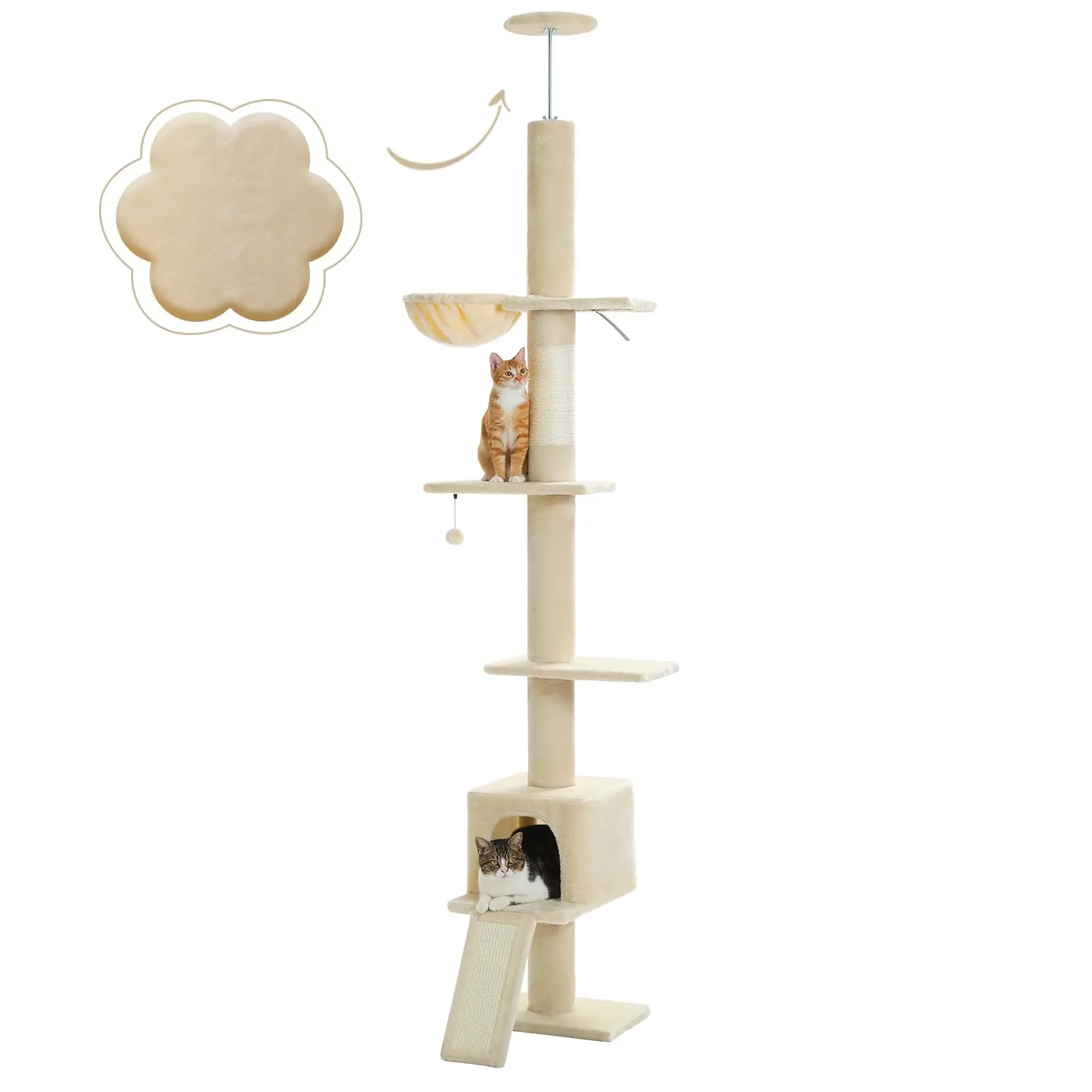 Floor to Ceiling Cat Tree, Adjustable 83-108in 5-Level Tower, Beige