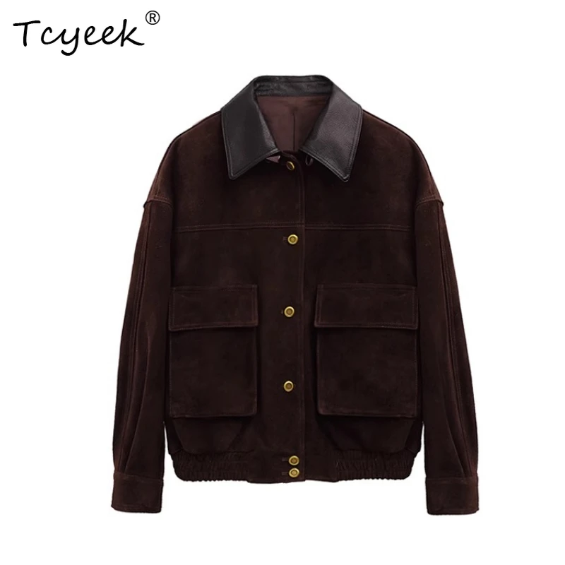 Tcyeek جلد الغنم الحقيقي ربيع الخريف الراقية التلبيب الجلد المدبوغ القهوة اللون المرأة سترة جلدية حقيقية Жеanskaya Kursatka