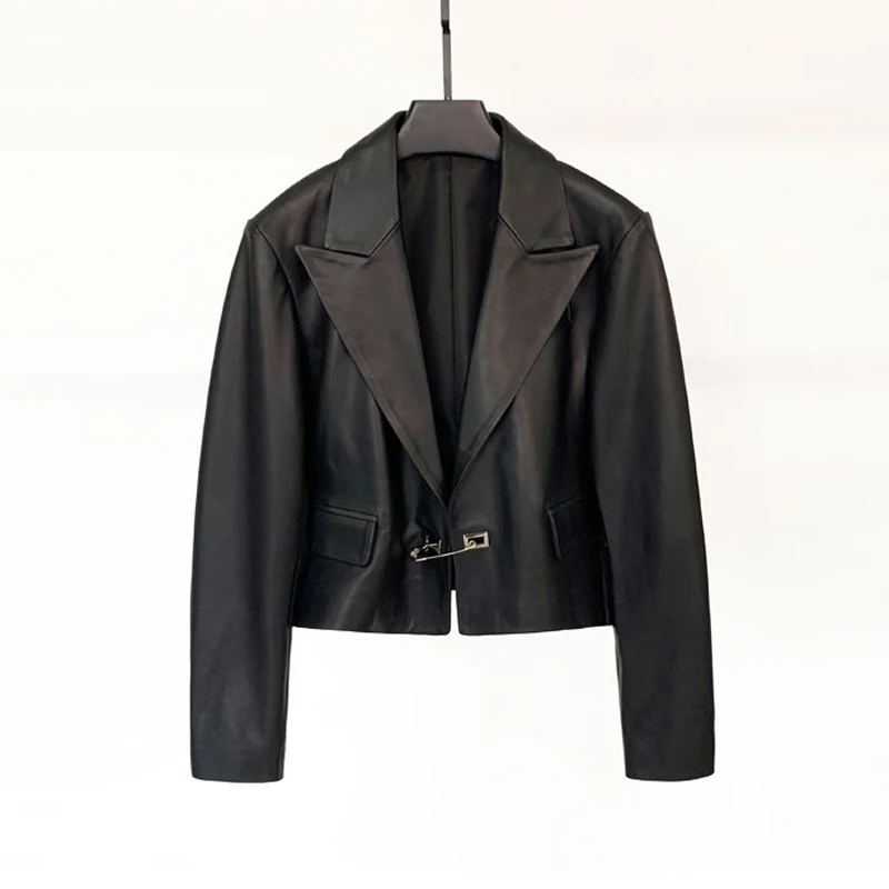 100% Sheepskin Women Short Blazer Jackets Fashion Pin Buckle Female High Waist Slim Genuine Leather Jackets Coats Streetwear