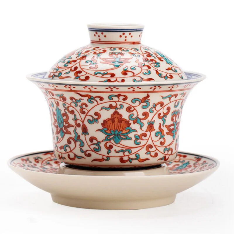 

Jingdezhen powder enamel chrysanthemum branch lotus three-talent cover bowl hovering cover bowl ceramic tea set brewing tea bowl