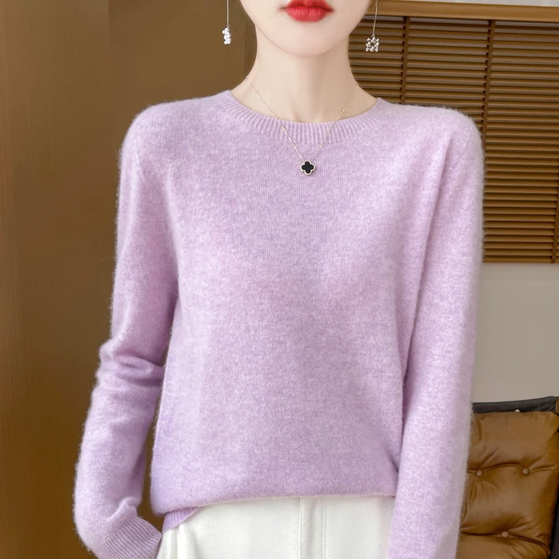 Autumn Winter Women Clothing O-Neck Pullover 100% Merino Wool Sweater New Fashion Cashmere Tops Bottoming Long Sleeve Knitwear