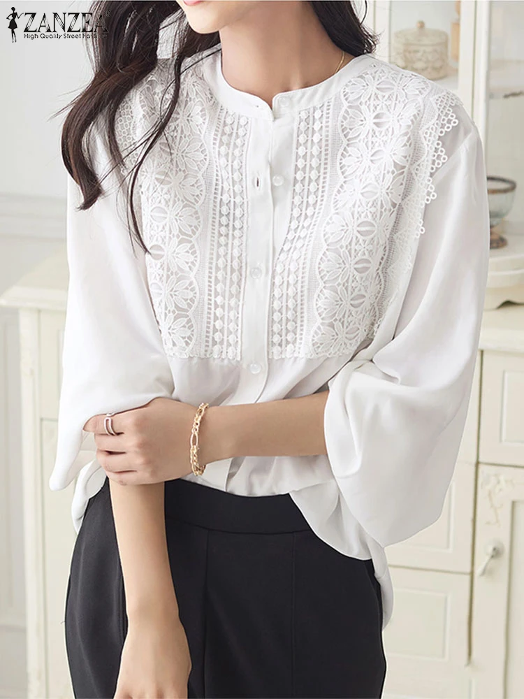 Elegant Lace Crochet Long Sleeve Women Blouse ZANZEA Office Work Shirt Spring Patchwork Tops Tunic Femme Bohemain Holiday Blusas