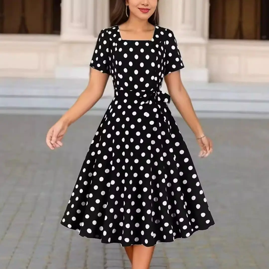 Women's Red Polka Dot Dress, Bodycon Slim Fit Tummy Control Skirt, Flowy Ruffle Hem Wrap Dress, Vintage Lady Summer Midi Dress