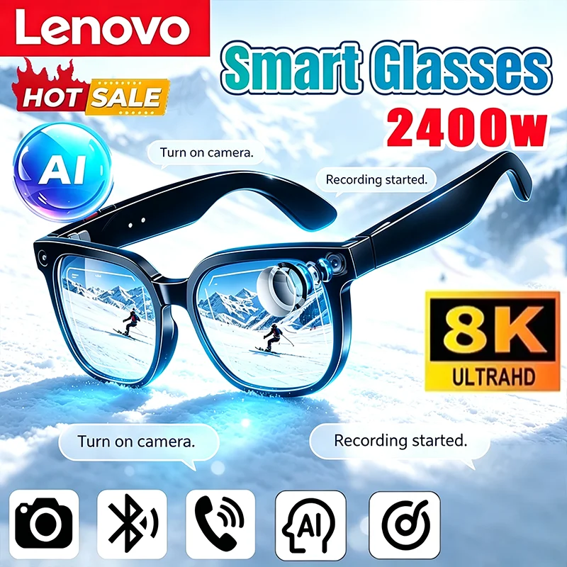 Lenovo AI Record Smart Glasses 2400W HD Bluetooth Glasses AI Language Translation Calling Voice Assistant Adult Camera Sunglasse