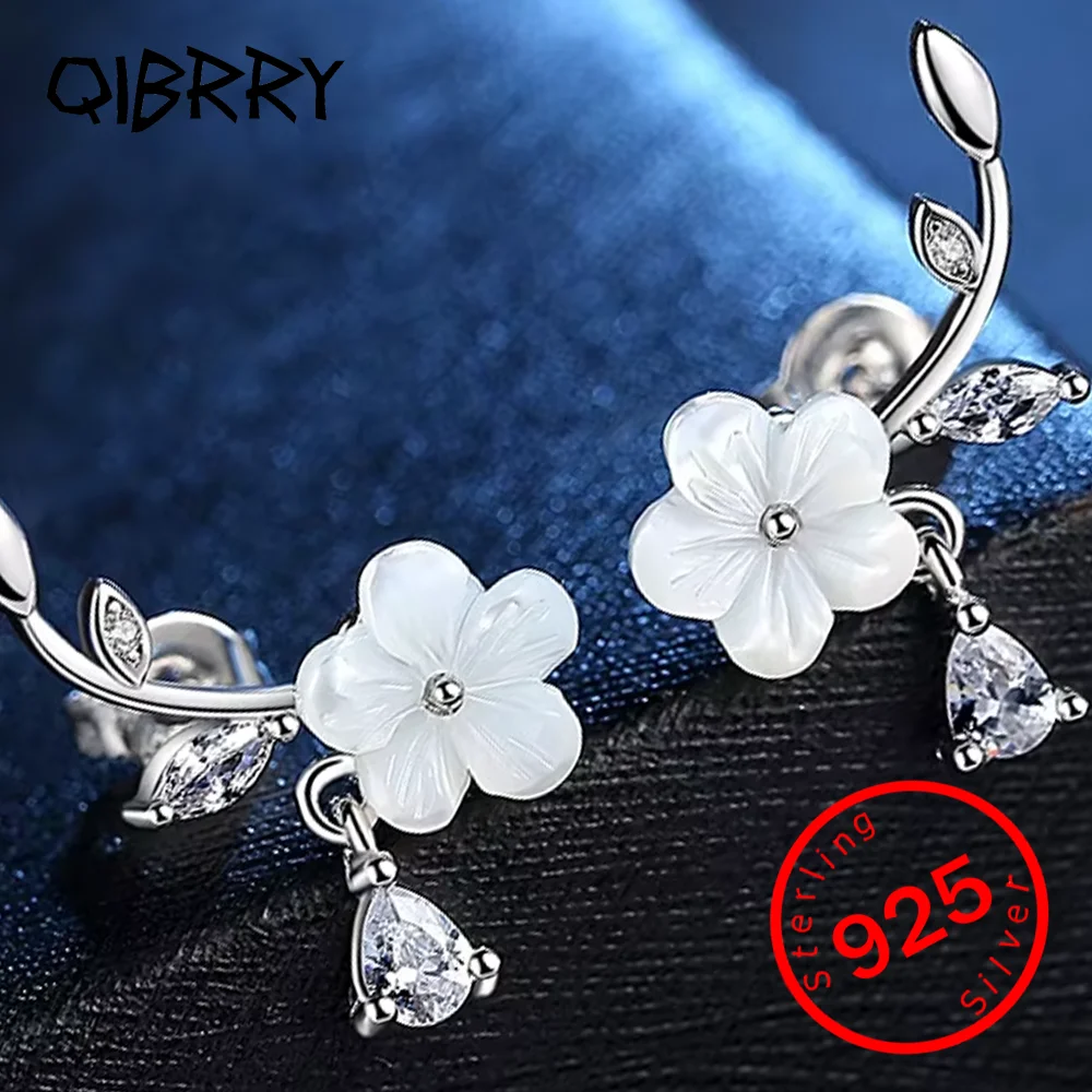 

Earring New Fashion Jewelry Crystal Leaf Shell Flower Stud Earrings Pure 925 Sterling Silver Lady's