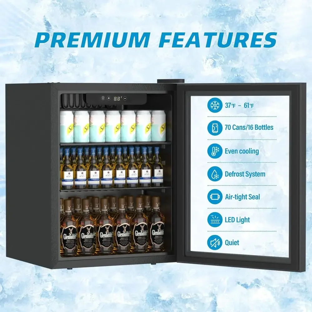 Under-Counter 70-Can Mini Fridge with Glass Door and Adjustable Shelves in Black