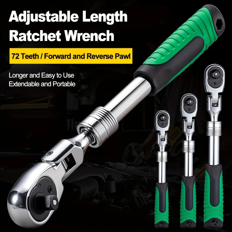 

LUSQI 72 Tooth Ratchet Wrench Set Polished Chrome Quick-Release With Telescoping Handle 1/2 & 1/4" & 3/8" Drive For Auto Repair
