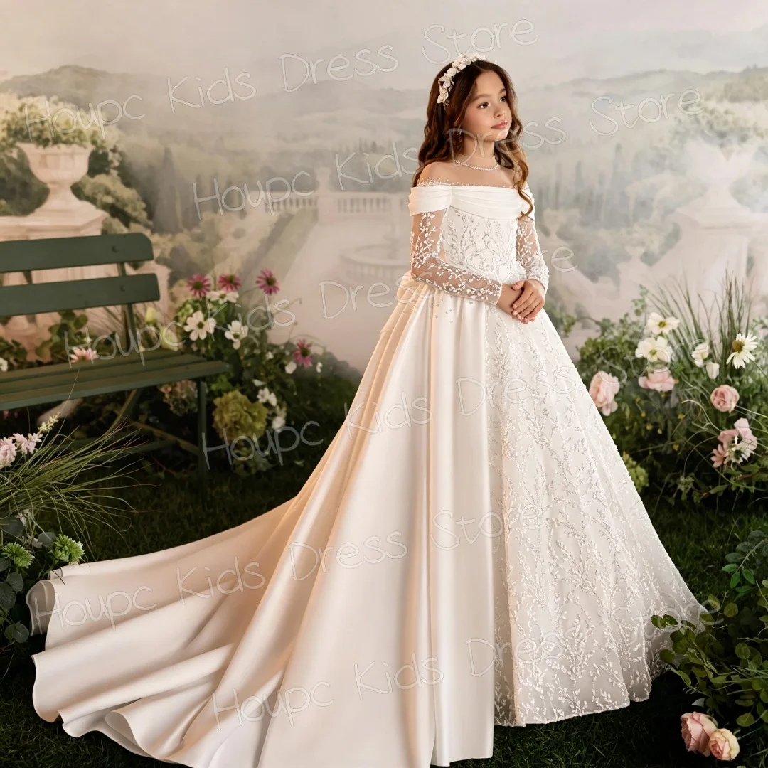 Custom White Lace Flower Girl Dress for First Communion, Off-Shoulder Beaded Long Sleeve A-Line Gown with Bodice & Train, Custom
