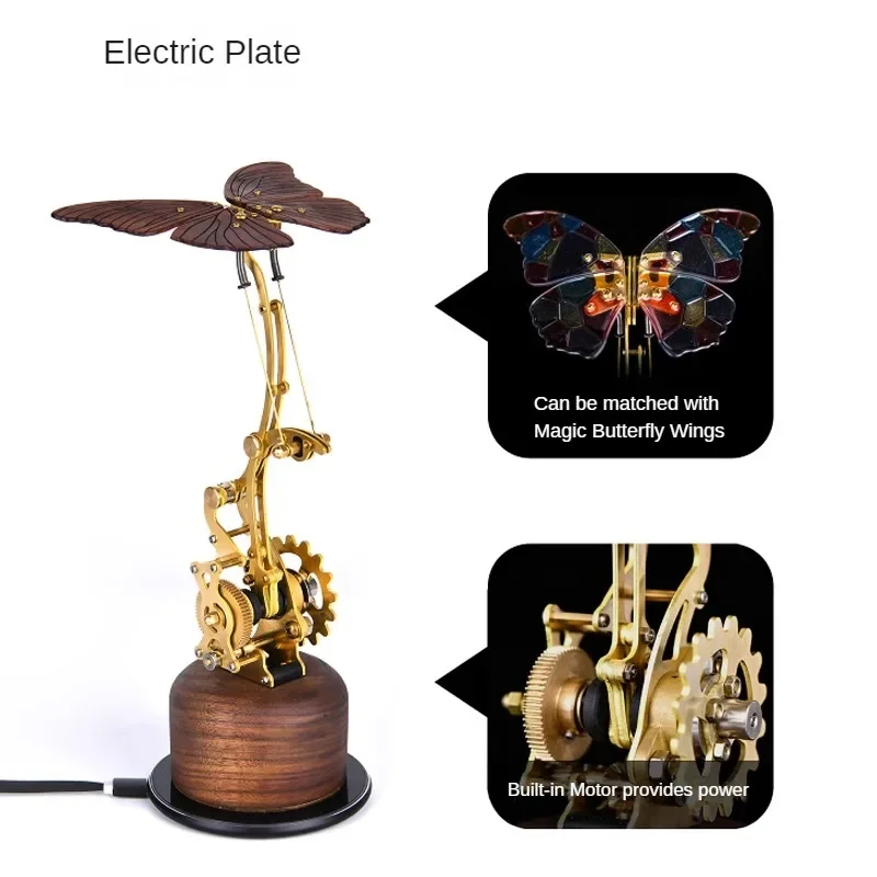 DIY Metal Butterfly Assemble Kit Dynamic 3D Mechanical Artwork Walnut Base Display Removable Model Building Kits  Gift