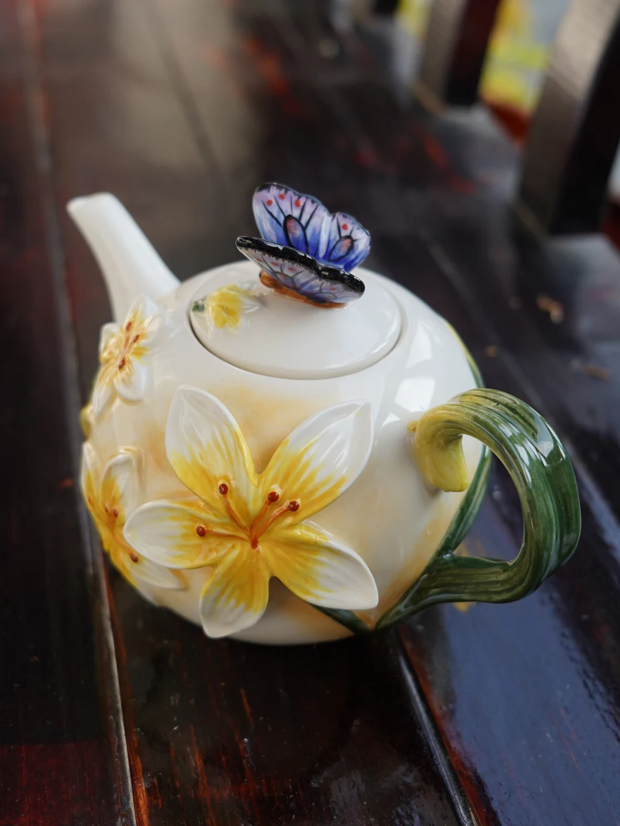 European Style Ceramic Coffee Pot, Hand-painted Butterfly Orchid Teapot, Tea Cup Set, Exquisite Creative Gift, Cafe Accessories