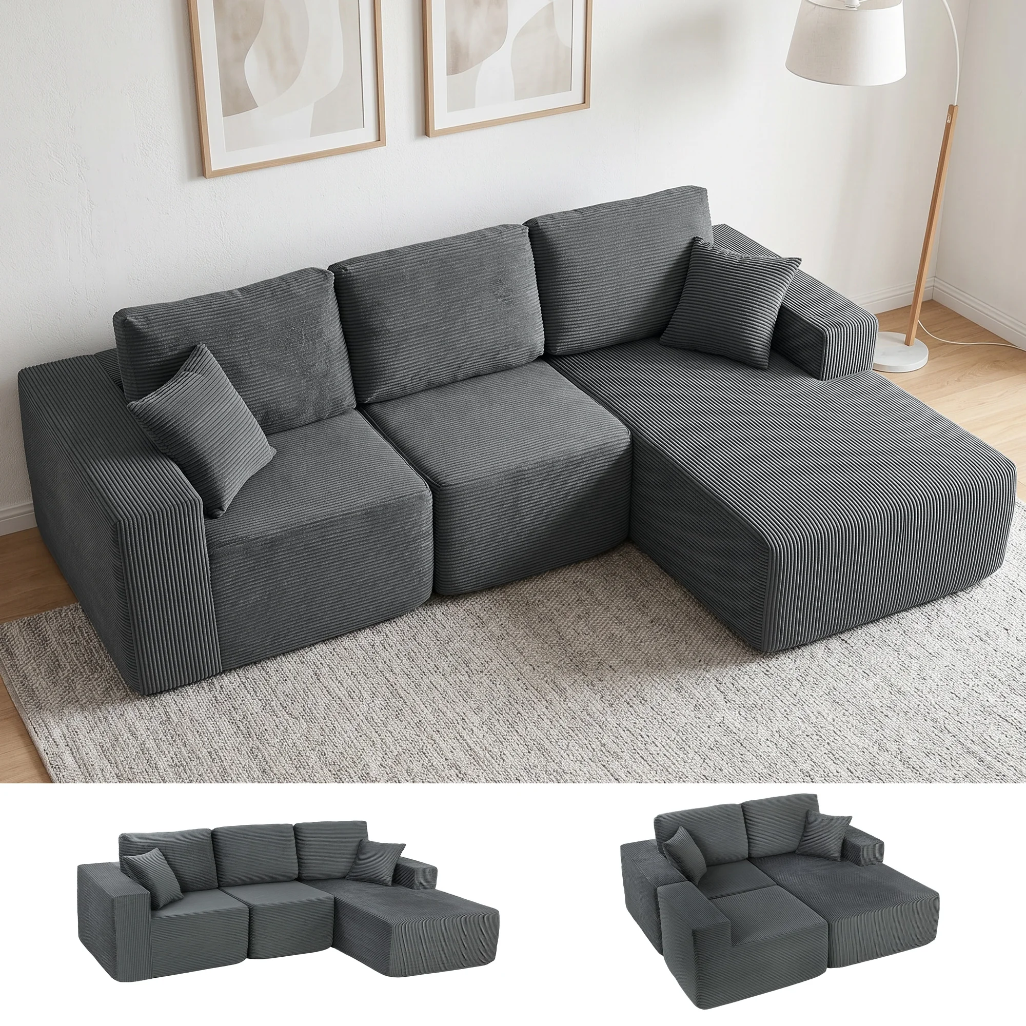 HOMCOM Ecksofa mit Schlaffunktion, L-förmiges 267 cm Sofa Couch mit Breiter, Tiefer Sitzfläche, 3-Sitzer Schlafsofa 2 in 1 Cloud-Sektionalsofas mit Kissen, Cord-Optik für Wohnzimmer, Dunkelgrau