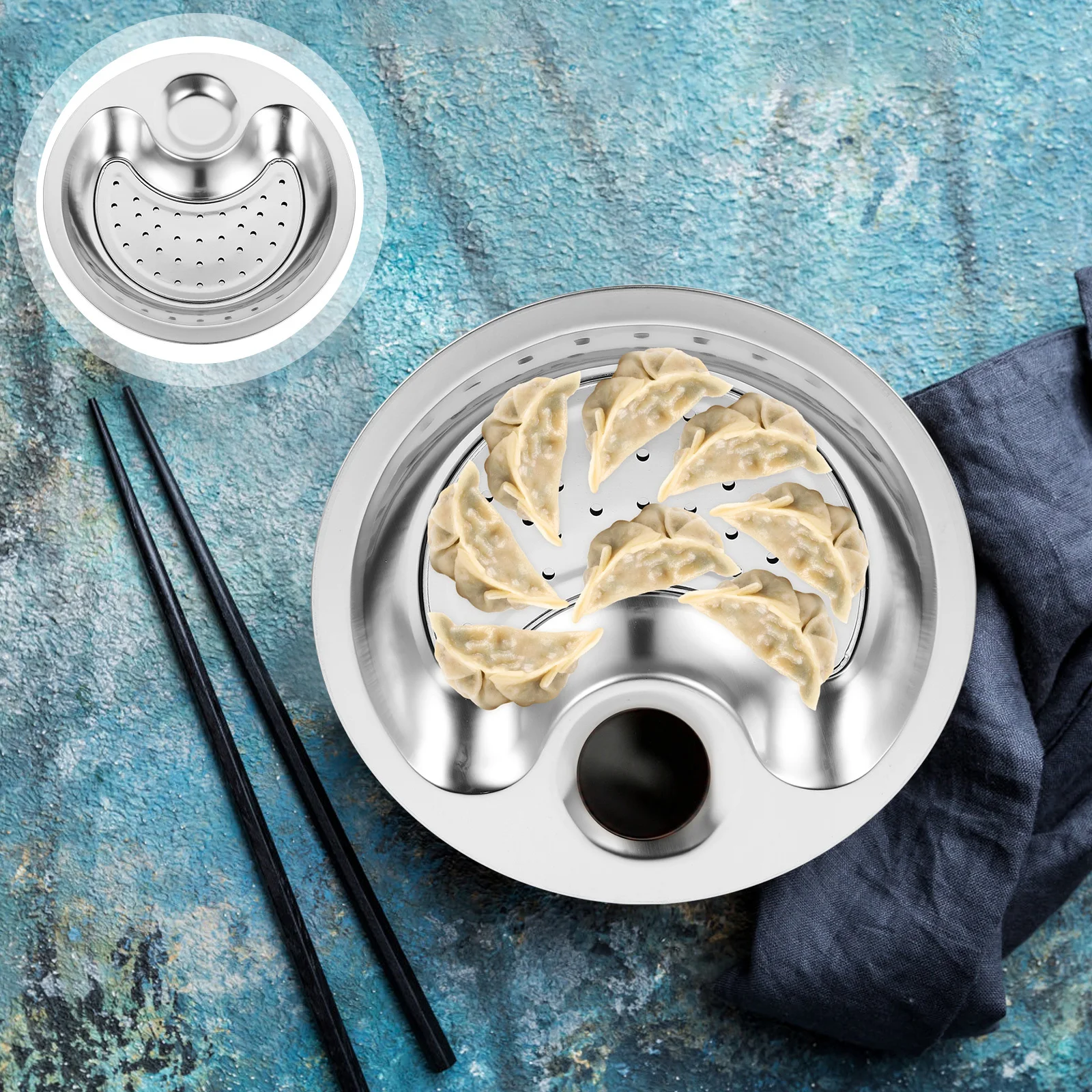 

Double Layer Dumpling Plate 26Cm Stainless Steel Serving Dish Dipping Sauce Compartment Drain Tray For Fruit Snacks