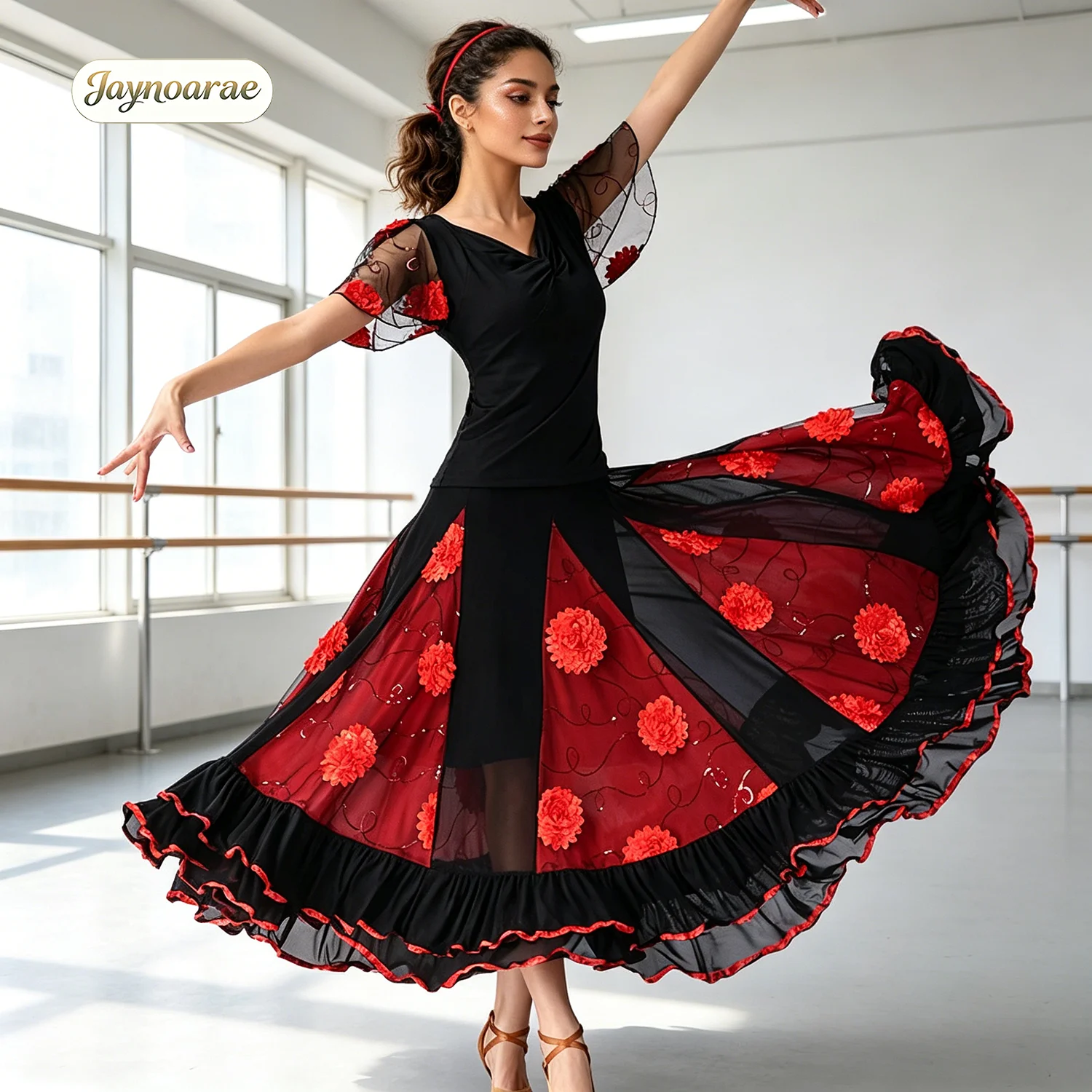 Juego de Danza Flamenca Elegante JAYNOARAE - 360 ° Top de manga corta Full Circle y falda larga de fiesta estilo rave para mujer, traje de actuación.
