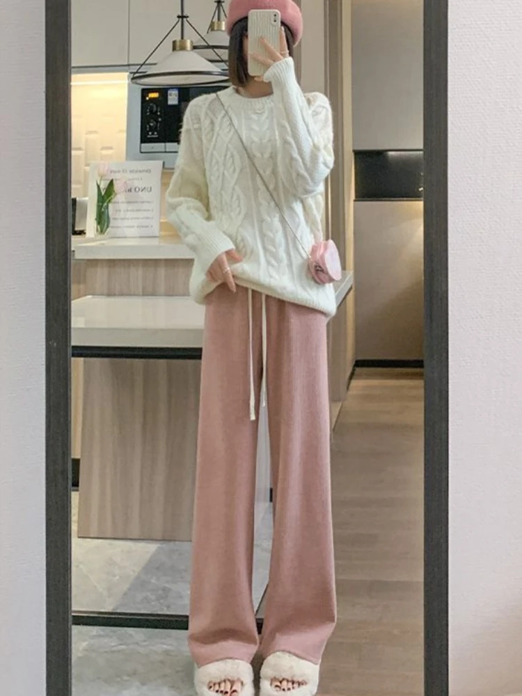 Novo 2024 veludo feminino perna reta calças casuais cintura alta drapeado até o chão bola de neve bla versátil all-match