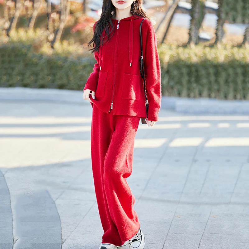 

100% Merino Wool Autumn Winter Woolen Trousers Suit Zipper top Basic Soft Long Sleeve Clothes