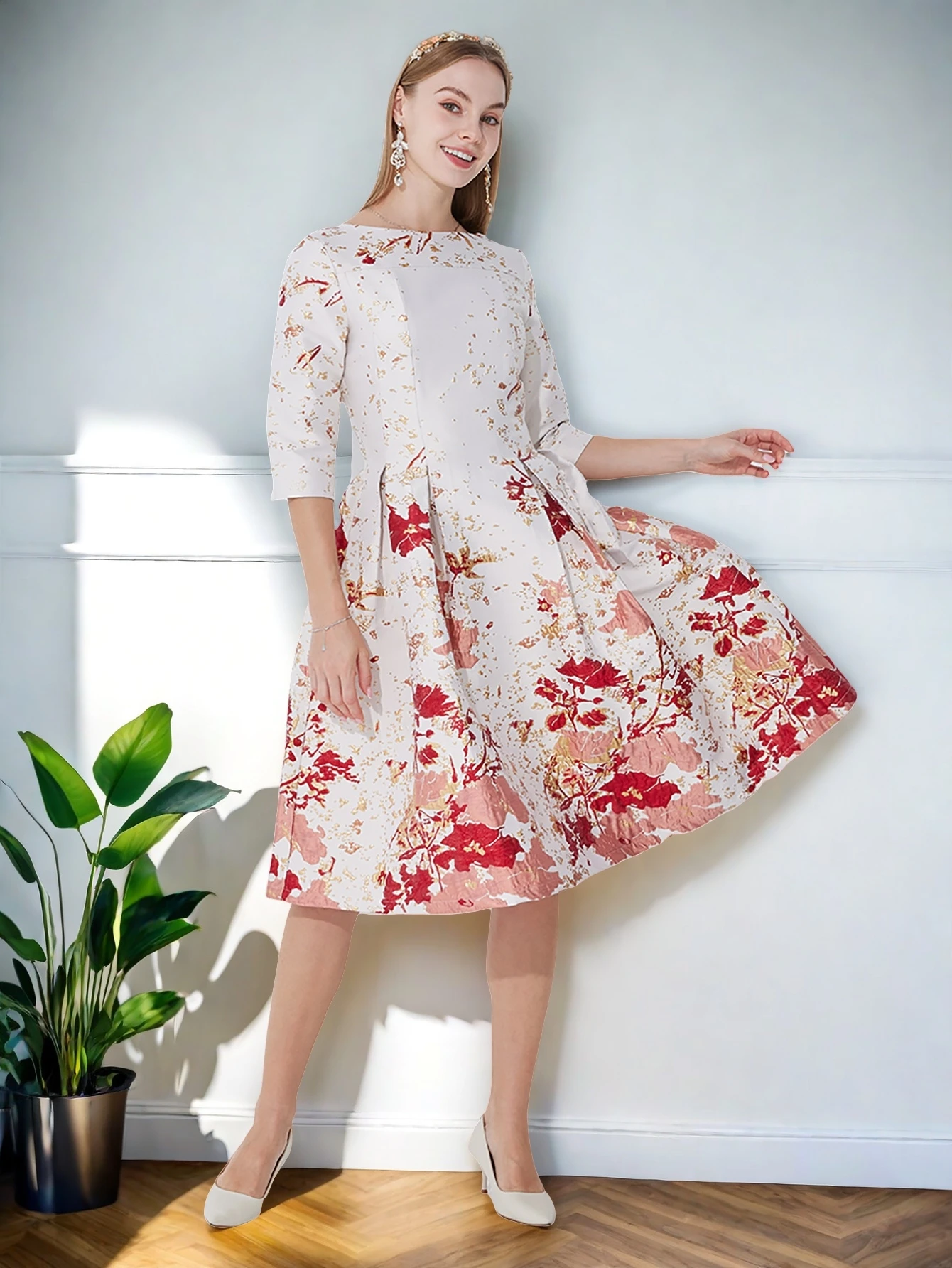 DEVCHATA Women's Floral Party Dress Luxury Mid-Long Jacquard O-neck Ladies Fashion Spring Formal Dress Elegant Vestidos
