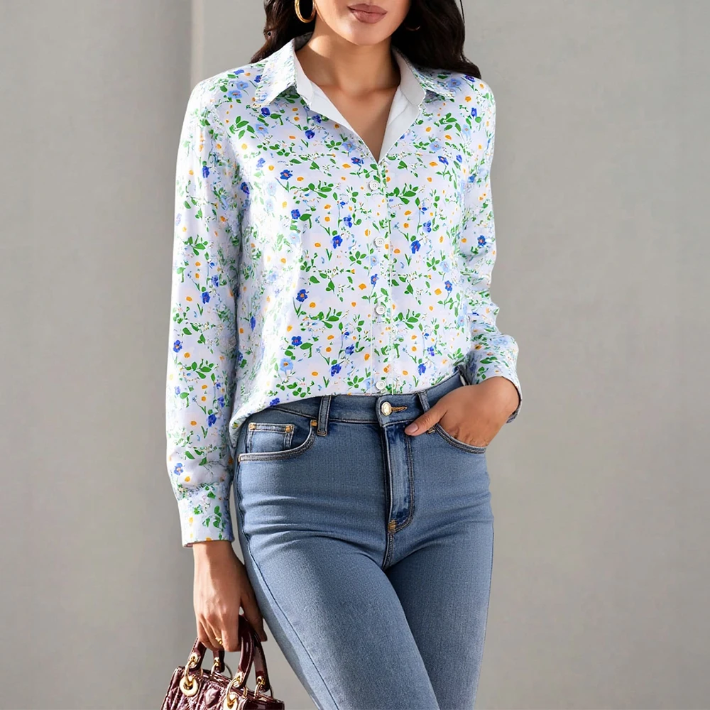 

Mia Muse Women's Shirts Autumn 2025 Classic Botanical Print Button Decor Long Sleeve Shirt Collar Simple Shirts